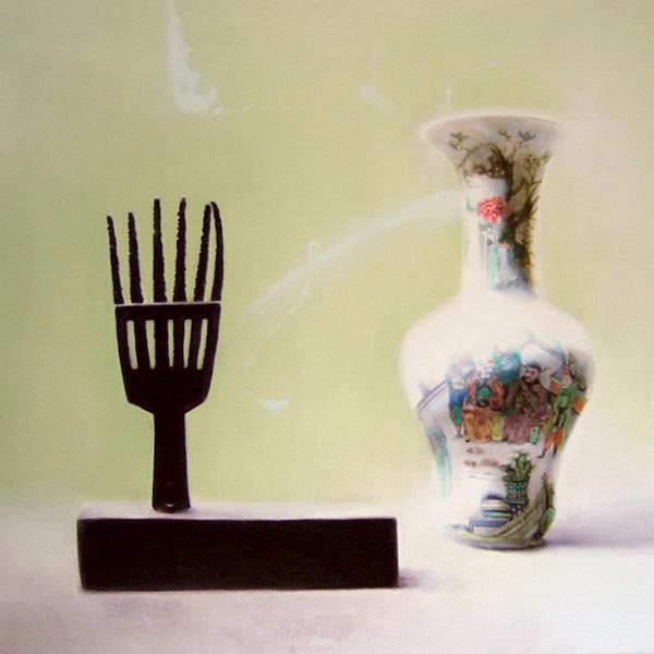 Vase u. Aalgabel 2007,Öl Lw., 80x80cm